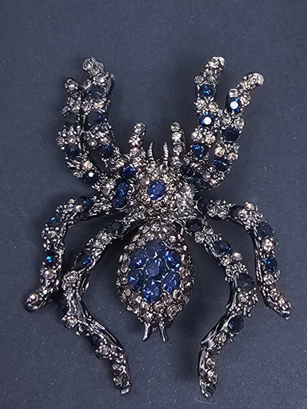 Large Spider Brooch Pendant Sapphire-Blue Rhinestones